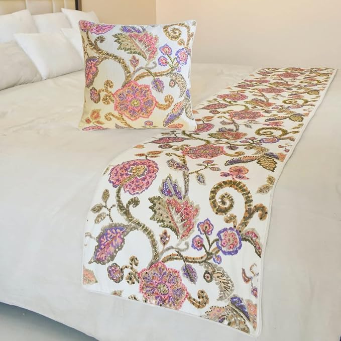 The HomeCentric King/Queen/Twin White & Pink Designer Twin 53"x18" Bed Runner Without Pillow Cover, Floral, Printed, Sequins, Beaded, Embroidery & Handmade Bed Scarf on Cotton Fabric - Aster