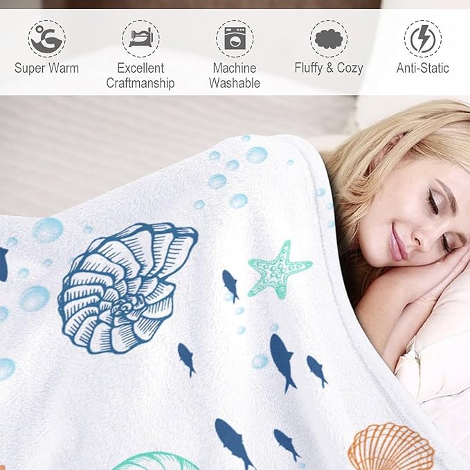 Nautical Coastal Blanket, Starfish Seashell Coral Beach Themed Drapes Ocean Orange Blue Teal Conch Print Throw Blankets for Sofa Couch Bed Room Birthday Decor, 50"x60"