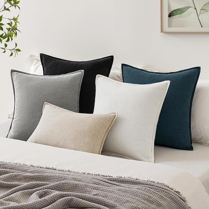 EMEMA Decorative Linen Throw Pillow Covers 20x20 Inch Cream Boho Farmhouse Neutral Couch Throw Pillows for Bed Pack of 2 Accent Pillowcase Modern Sofa Cushion Livingroom Home