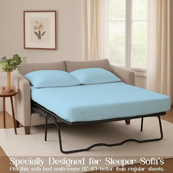 Sleeper Sofa 4 Piece Bed Sheet Set Premium Quality 100% Cotton 500 Thread Count, Smooth & Super Soft Sateen Weave, Extra Soft Bed Sheets, Wrinkle Free, 6 Inch Deep Pocket (Twin, Light Blue)