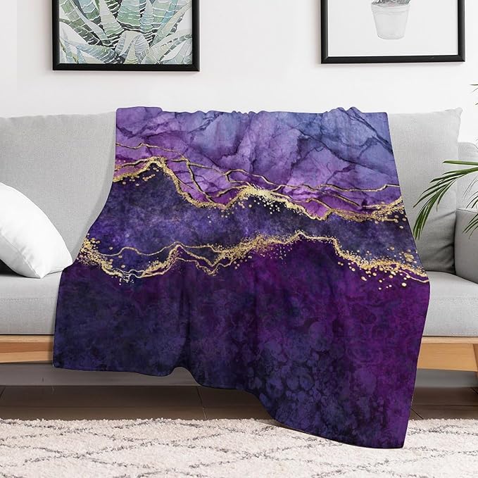 Modern Marble Blanket, Abstract Luxury Baroque Art Golden Purple Stone Veins Pattern Soft Warm Cozy Plush Flannel Covers for Livingroom Bedroom Couch Chair Camping Travel Home Decor Tapestry 30x40in