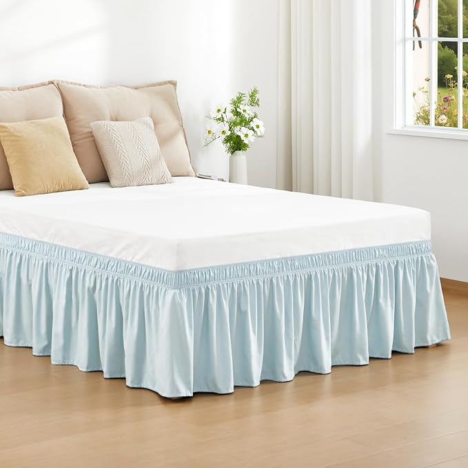RIMELA Grayish Blue Bed Skirt King Size 18 Inch Drop, Wrap Around Elastic Bedskirt, Dust Ruffle for Adjustable Bed Base Machine Washable Easy to Install Bed Skirts