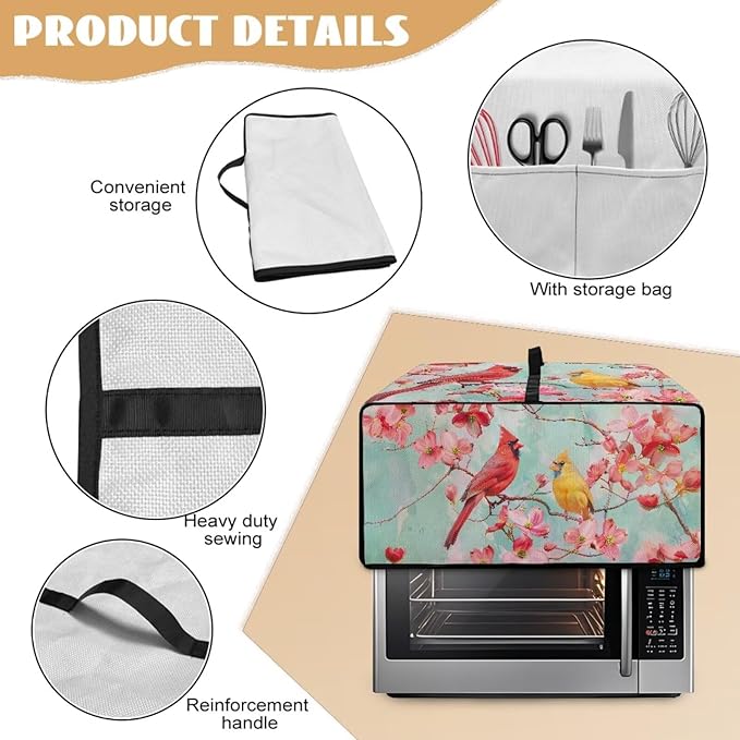 Cardinal Cherry Blossom Print Microwave Oven Cover Waterproof Dust-Proof Microwave Toaster Oven Cover with Storage Bags Universal Washable Decor Accessories for Kitchen, M