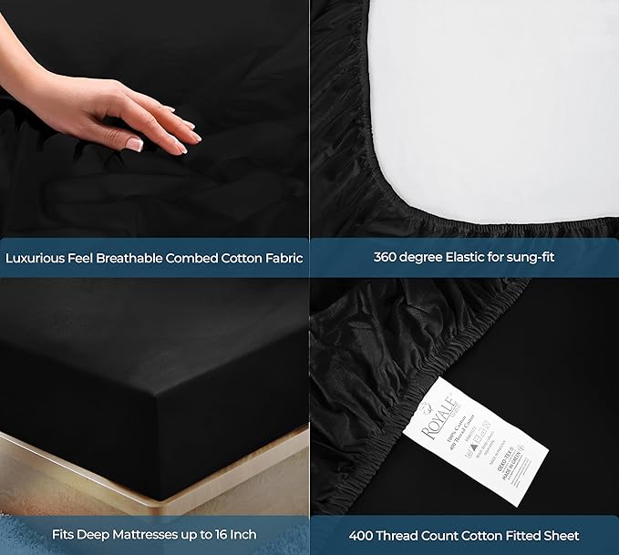 ROYALE LINENS 300 Thread Count 100% Long Staple Combed Cotton Fitted Sheet - Super Soft Deep Pocket Bottom Sheet - Fitted Sheet Only - Elastic Sheet
