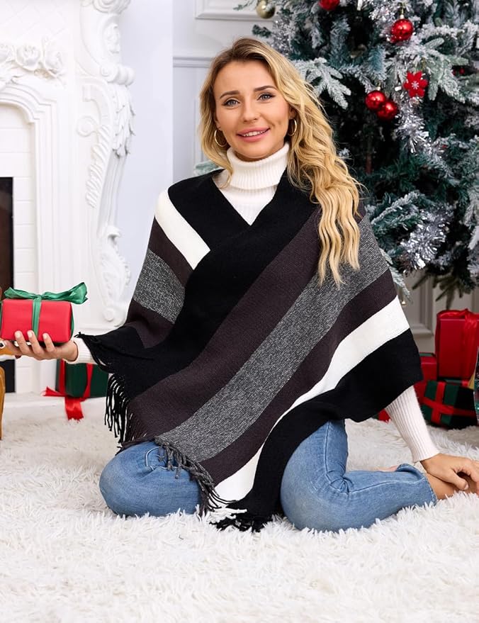 Ferand Women's Striped Poncho Sweater Cozy Knit Fringe Shawl Wraps for Fall Winter