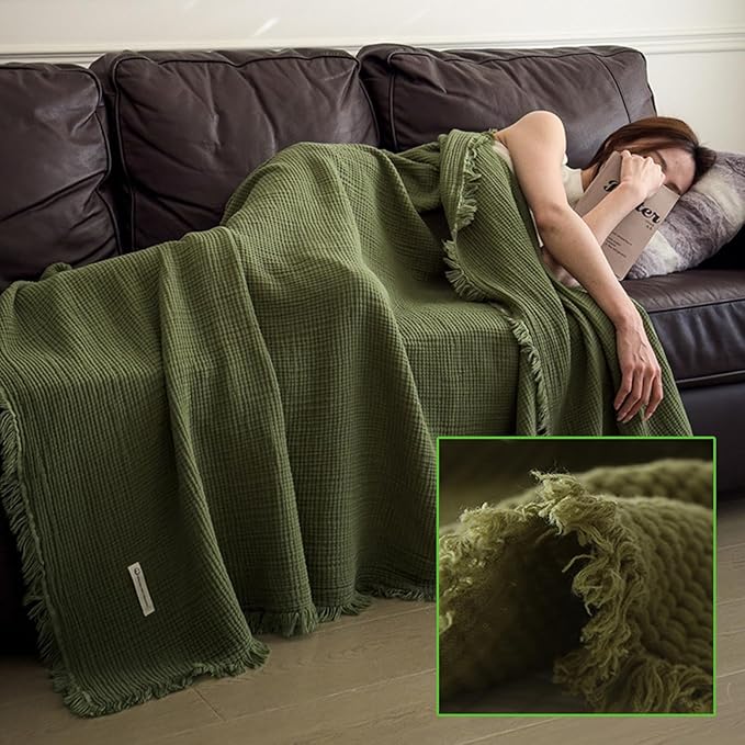MorroMorn 100% Cotton Muslin Throw Blanket with Fringes 50"x60", 4-Layer Cotton Gauze Blankets for Adults, Boho Bedding Breathable Lightweight Ultra-Soft for Couch Bed Sofa All Seasons, Olive Green