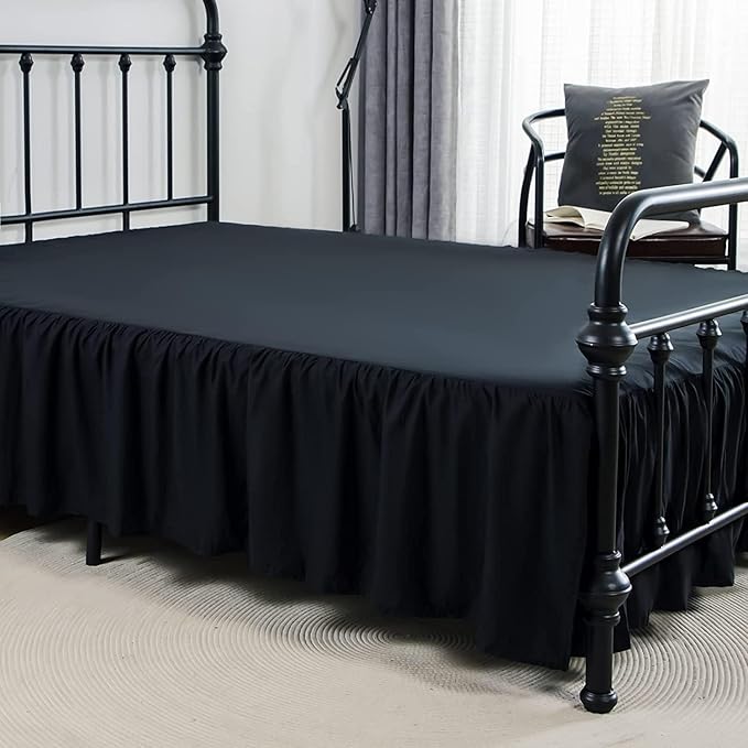 Bed Skirt Queen Size Ruffled Bed Skirt with Split Corners, 12 Inch Drop Dust Ruffle Bed Skirt with Platform, Black