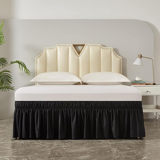 MEILA Wrap Around Bed Skirt Three Fabric Sides Elastic Dust Ruffled 24 Inch Tailored Drop,Easy to Install Fade Resistant-Black, Twin/Full