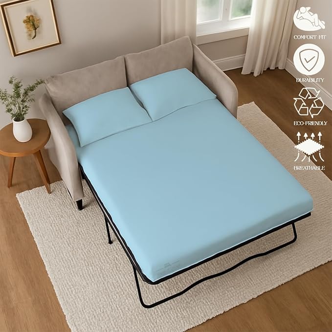 Sleeper Sofa 4 Piece Bed Sheet Set Premium Quality 100% Cotton 500 Thread Count, Smooth & Super Soft Sateen Weave, Extra Soft Bed Sheets, Wrinkle Free, 8 Inch Deep Pocket (Full, Light Blue)