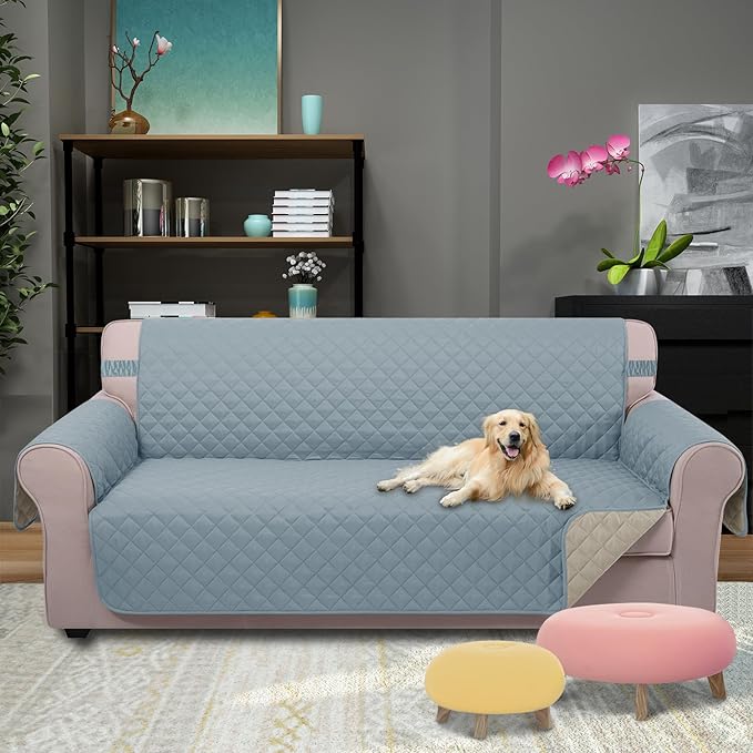 U-NICE HOME 4 Seater Sofa Cover 91 Inch Large Couch Covers for 4 Cushion Couch with Elastic Straps Water Resistant Furniture Protector Cover for Pets Cat (Sofa XX-Large, Light Blue/Beige)