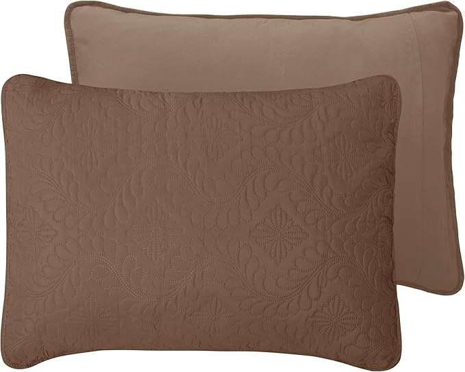 Easy-Going King Size Reversible Quilt Set with 1 Quilt and 2 Pillow Shams, Soft Bed Quilt Cover, Water Resistant Lightweight Microfiber Bedspread, Stain Resistant, Olive Leaf-Brown/Beige