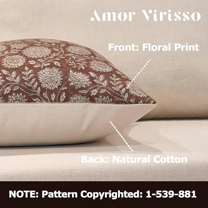Amor Virisso Floral Pillow Covers 20x20 Throw Pillow Covers Vintage Block Print Pillow Cover Neutral Couch Pillows for Living Room Farmhouse Decorative Accent Sofa Pillows, Brown