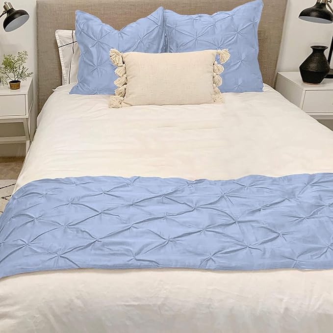 Bed Runner Set - 100% Pure Cotton 800 Thread Count - Luxury 1 Pinch Pleated Bed Runner and 2 Pillow Cover - 3 Piece Pinch Pleated Bed Runner Set Twin, Light Blue