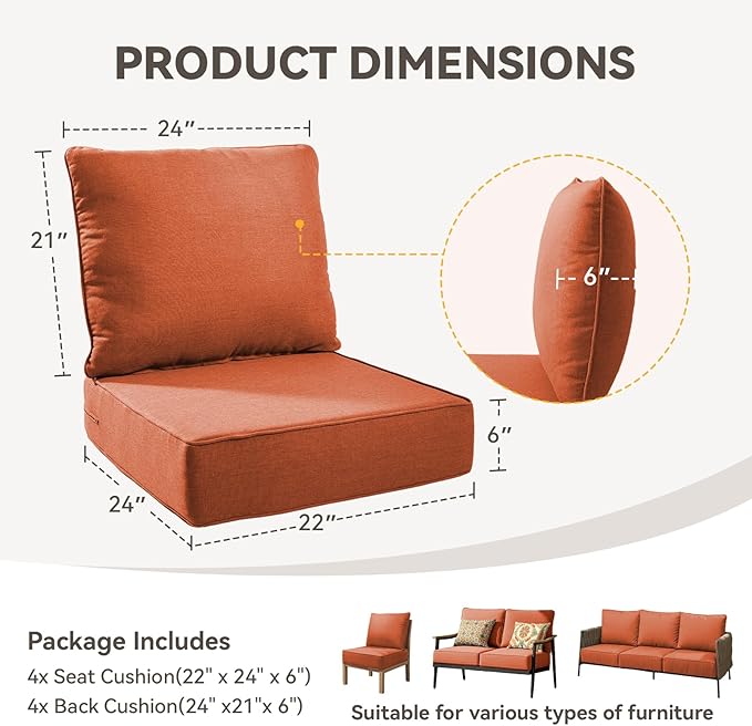 Outdoor Cushion Set for Furniture Patio Furniture, UV Resistant, Water Resistant - 6 Inch Thick Foam Garden Cushions– 22x24 Inch Patio Seat Covers for Chair/Sofa/Couch | Orange | 4-Pack |