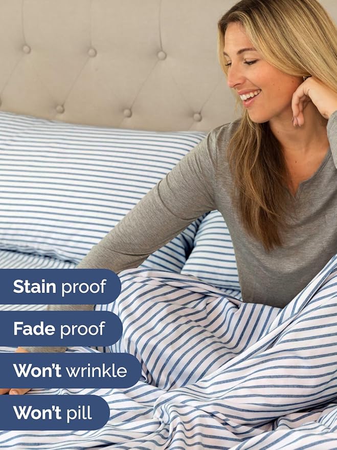 Extra Deep Pocket Twin XL Sheets - 3 Piece Breathable & Cooling Bed Sheets - Hotel Luxury Bed Sheet Set - Soft, Wrinkle Free & Comfy - Easily Fits Extra Deep Mattresses - Blue Striped Sheets Set