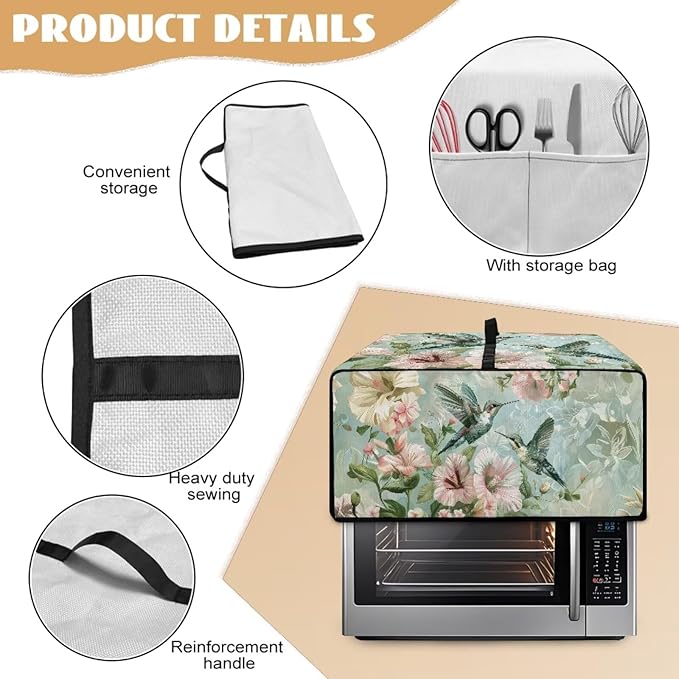 Air Fryer Toaster Oven Dust Cover Protective Convection Oven Cover with Pockets and Handle for Kitchen Countertop, M, 16.5 x 20.5 x 10 Inches, Retro Hummingbird Hibiscus Flower Green