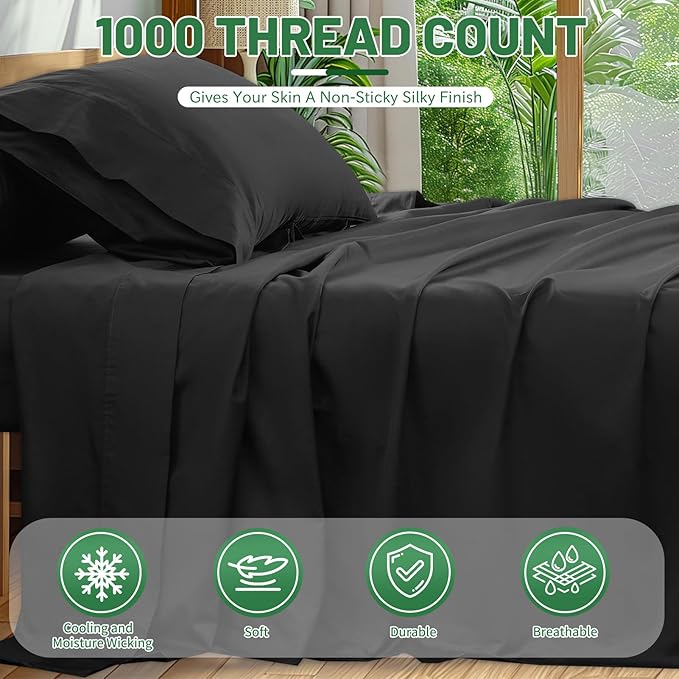 100% Egyptian Cotton Sheets Cal King Sheet Set 4PCS 1000 Thread Count Sateen Weave Soft Breathable 16-Inch Deep Pocket（California King,Black）