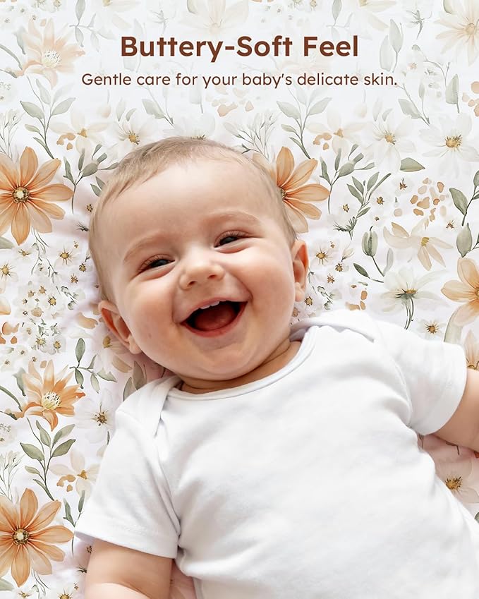 Baby Crib Sheets for Boys Girls, 28x52x8in Fitted Crib Sheet Neutral 3 Pack for Standard Crib and Toddler Mattress, Breathable Soft Microfiber Baby Sheet Orange Flowers & Plaid