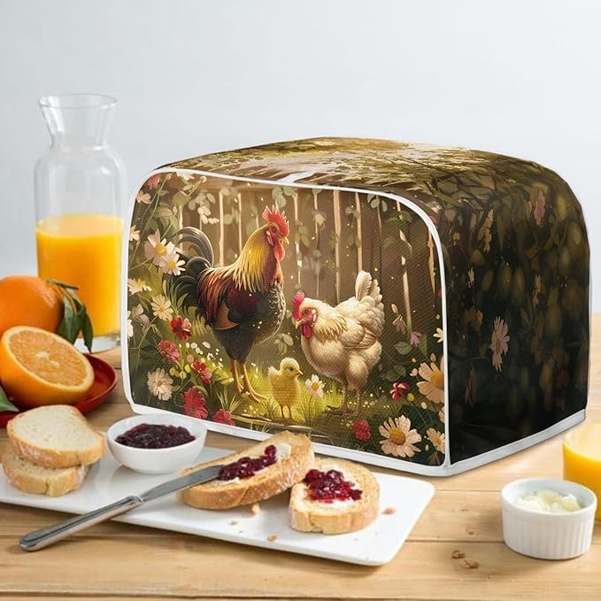 Chicken Rooster Flower Toaster Cover 2 Slice Wide Slot, Washable Kitchen Appliance Cover Dust Resistant Protector for Home, Toaster Protector Kitchen Accessories