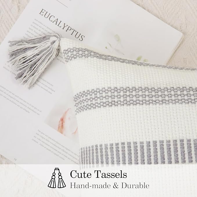 Smile Bee Boho Outdoor Couch Throw Pillow Covers Set of 2 Decorative Thick Woven Striped Accent Neutral Pillow Covers with Tassels for Bed Sofa Home Decor 20x20 Inch, Grey and Cream White