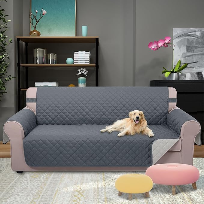 U-NICE HOME 4 Seater Sofa Cover 91 Inch Large Couch Covers for 4 Cushion Couch with Elastic Straps Water Resistant Furniture Protector Cover for Pets Cat (Sofa XX-Large, Dark Blue/Light Grey)