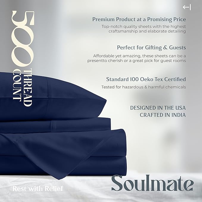 Mayfair Linen 500 Thread Count California King Cotton Sheets - 4 PC Cal King Size Bed Sheet Set Cotton (Navy Blue), Soft, Cooling, Sateen 16" Deep Pocket Bedsheet for Hot Sleepers (Fits 18" Mattress)