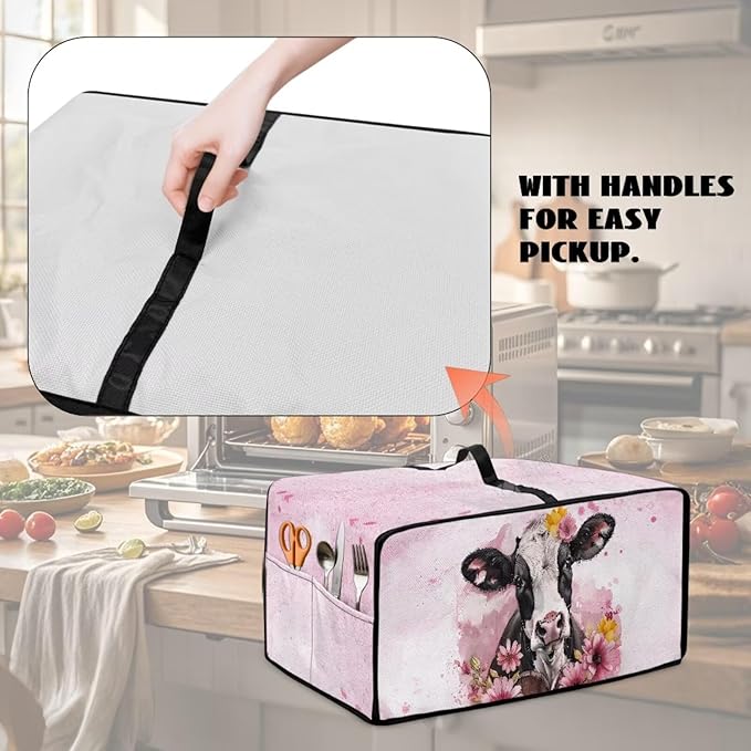 Air Fryer Toaster Oven Dust Cover Washable Fabric Convection Oven Protector with Storage Pockets, M, 16.5 x 20.5 x 10 Inches, Cow Pink Flower Pattern
