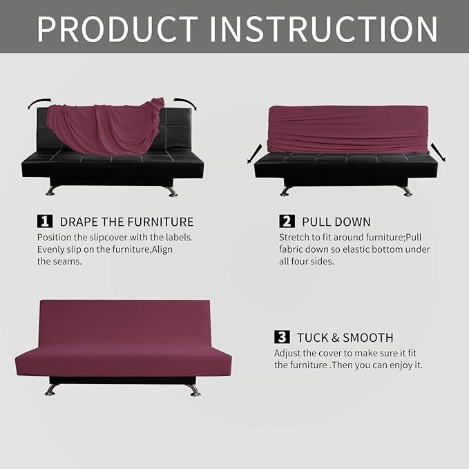 Easy-Going Stretch Futon Slipcover Armless Futon Bed Cover Furniture Protector Without Armrests with Elastic Bottom for Kids, Soft Jacquard Fabric Small Checks (Large, ASH Rose)