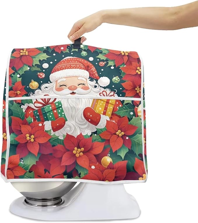 Santa Claus Stand Mixer Cover Dust Protective Poinsettia Stand Mixer Covers For Kitchen Aid 4.5-5 Quart Mixers Dustproof Cloth Cover for Small Appliance Protector Gift for Holiday