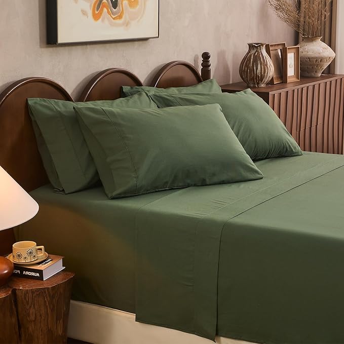 100% Linen Sheet Set Cal King Size Extra Deep Pocket Fits 18-24 Inch Mattress, Breathable & Soft, Smooth 6-Piece Set for Thick Mattresses Hotel Luxury Bedding（Cal King, Forest Green）