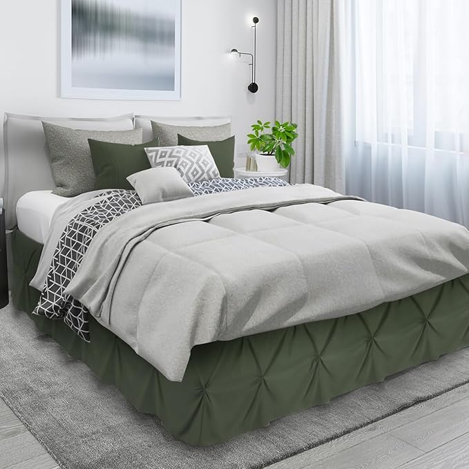 Nestl Olive Green Bed Skirt Queen Size, Pinch Pleat Queen Bed Skirt, 14" Inch Drop Queen Bedskirt, Hotel Quality Olive Green Bed Skirts, Microfiber Bedskirt for Queen Bed, Olive Green Queen Bed Skirt