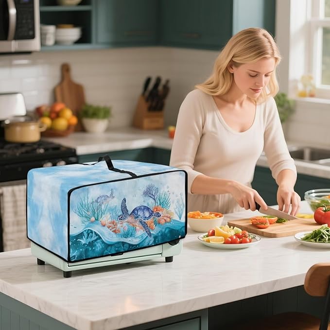 Microwave Oven Dust Cover Air Fryer Toaster Oven Protector with Storage Pockets, Stain-resistant for Small Appliances, S, 14.5 x 18.5 x 9 Inches, Sea Turtle Coral Reef Blue