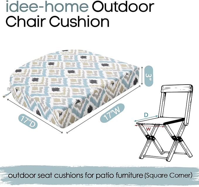 idee-home Outdoor Chair Cushions Set of 4, Thick 17" x 17" x 3" Outdoor Seat Cushions Patio Furniture Waterproof with Ties, Dining Pads