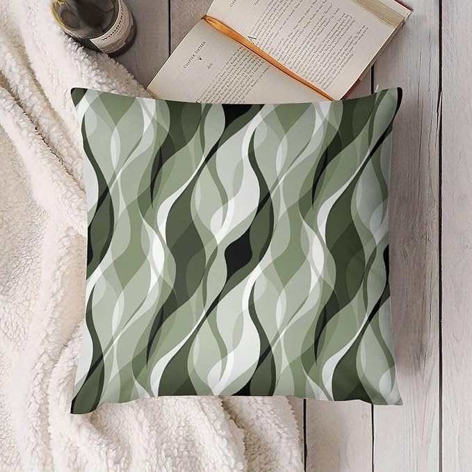 Sage Green Throw Pillow Covers Abstract Ombre Green and Grey Striped Decorations for Bedroom Living Room Farmhouse Sofa Pillows Bed Couch 16x16 Inch