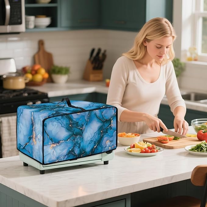 Toaster Oven Dust Cover with Storage Pockets, Dust Protection Smart Oven Cover for Kitchen Countertop Home Decor, M, 16.5 x 20.5 x 10 Inches, Blue Gold Marble