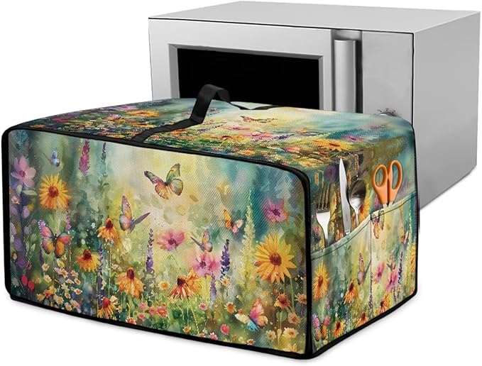 Microwave Oven Dust Cover with Storage Bags Waterproof Microwave Oven Grill Cover Protector Universal Reusable Decor Accessories for Kitchen, Vintage Daisy Sunflower Floral Butterfly Print, L