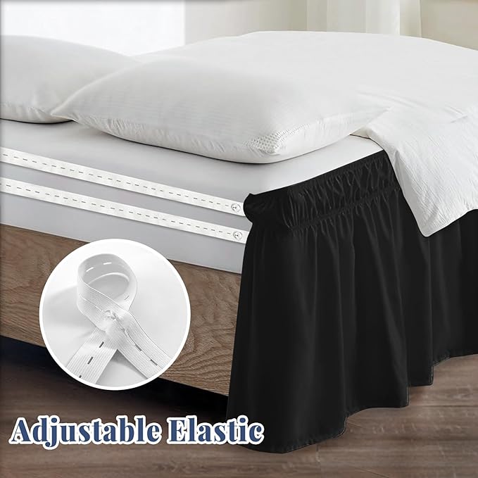 Twin Bed Skirt, Elastic Wrap Around Bed Skirt Twin Size, Bed Skirts for Adjustable Bed, Easy Fit with 18" Drop Length Tailored Drop Dust Ruffle (Black)