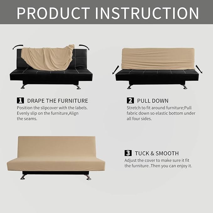 Easy-Going Stretch Futon Slipcover Armless Futon Bed Cover Furniture Protector Without Armrests with Elastic Bottom for Kids, Soft Jacquard Fabric Small Checks (Large, Sand)