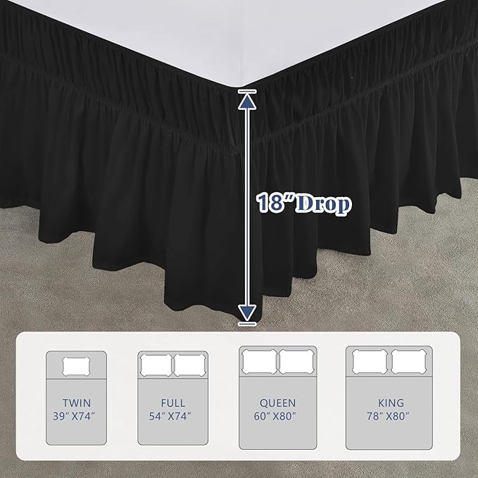Full Bed Skirt, Elastic Wrap Around Bed Skirt Full Size, Bed Skirts for Adjustable Bed, Easy Fit with 18" Drop Length Tailored Drop Dust Ruffle (Black)