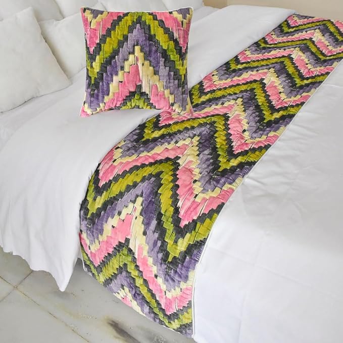 The HomeCentric King/Queen/Twin Pink & Purple Luxury Full 68"x18" Bed Runner with Two Pillow Cover, Chevron, Quilted Bed Scarf on Velvet Fabric - Artful Chevron