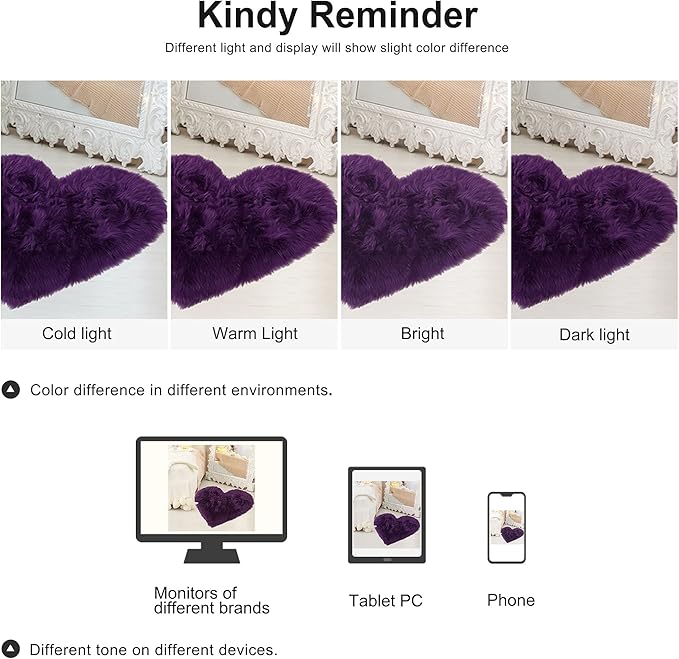uxcell Heart Shaped Rugs for Bedroom,Small Aesthetic Carpet Girls,Cute Shaggy Floor Mirror Mat,Pastel Furry Throw Rug 2.3ftx3ft, Purple