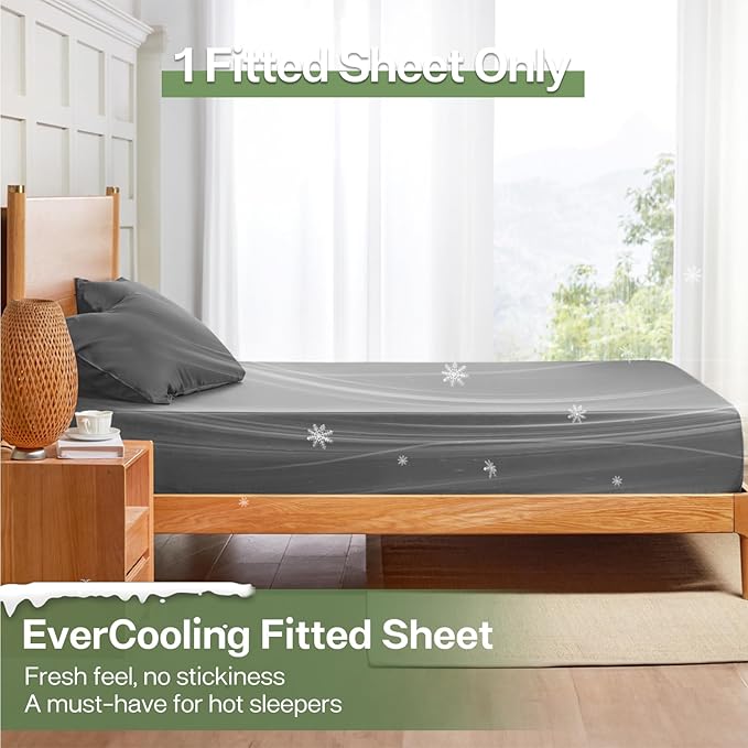 MR&HM Full Fitted Sheet Only, Ultra-Soft Rayon Derived from Bamboo & Polyester Blend, Silky & Breathable, 15" Deep Pocket with Elastic Straps, Cooling Fitted Sheet for Hot Sleepers, Grey