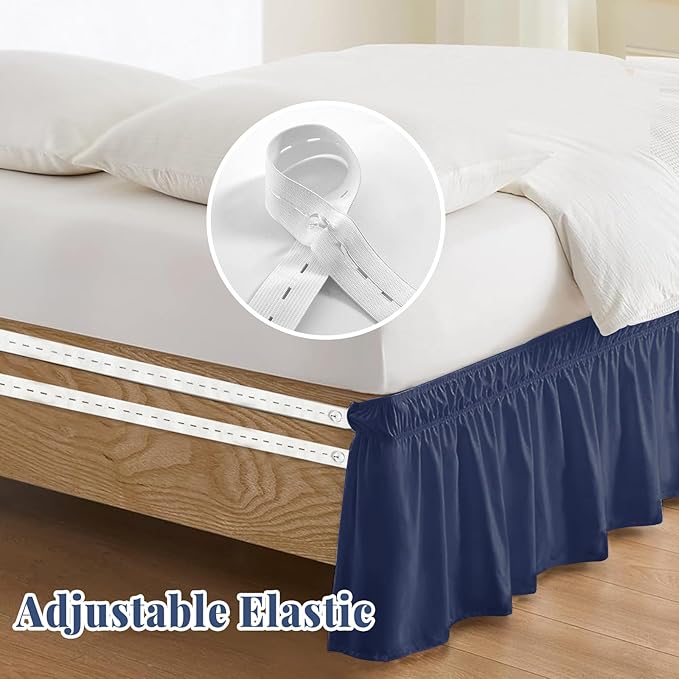 King Bed Skirt, Elastic Wrap Around Bed Skirt King Size, Bed Skirts for Adjustable Bed, Easy Fit with 14" Drop Length Tailored Drop Dust Ruffle (Navy)