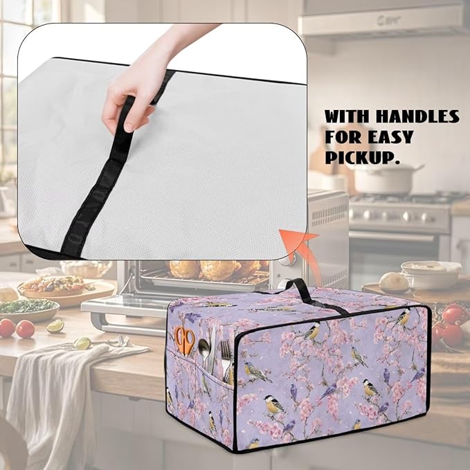 Dust-Proof Microwave Oven Grill Cover Protector Cherry Blossom Robin Bird Print Polyester-Linen Fabric Toaster Oven Dust Cover with Storage Bags Case Protections for Microwave Oven, S