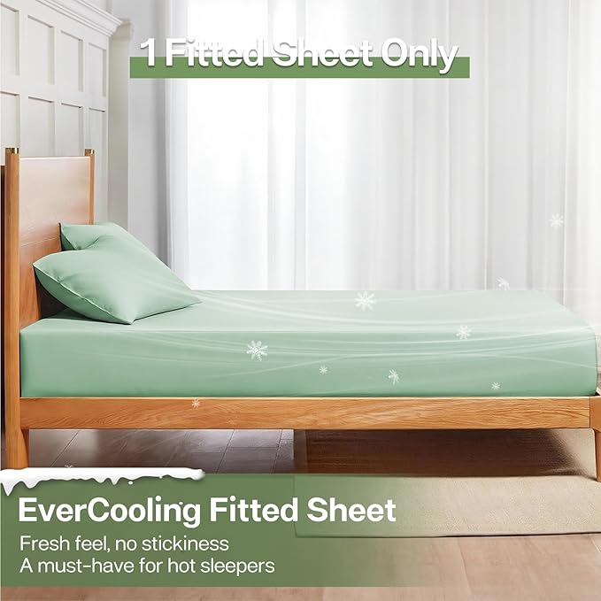 MR&HM King Fitted Sheet Only, Ultra-Soft Rayon Derived from Bamboo & Polyester Blend, Silky & Breathable, 15" Deep Pocket with Elastic Straps, Cooling Fitted Sheet for Hot Sleepers, Sage Green