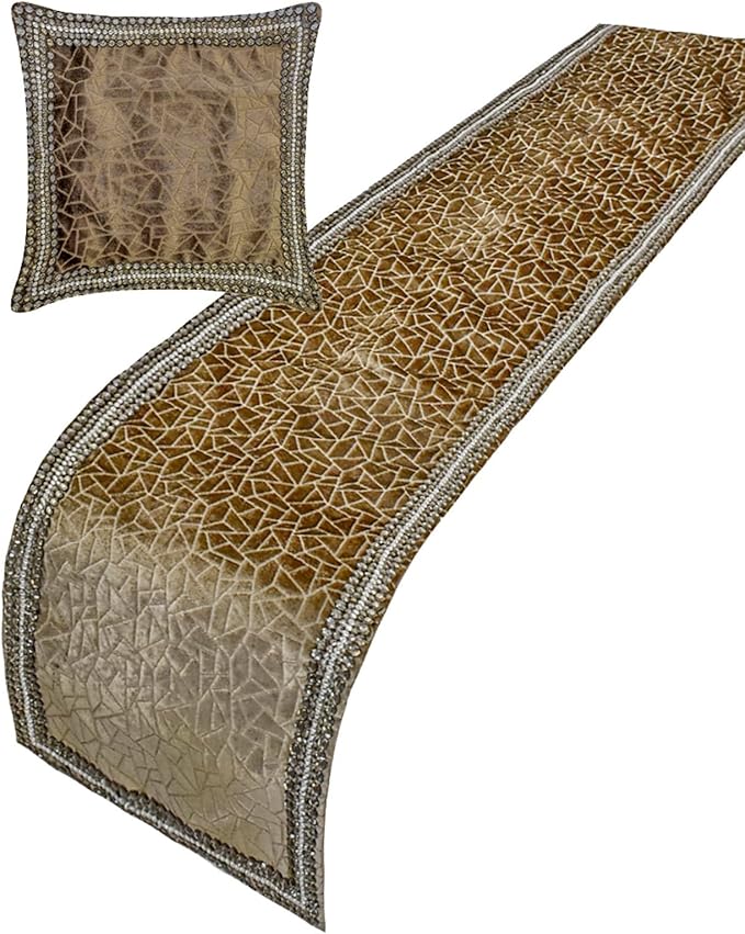 The HomeCentric King/Queen/Twin Brown Decorative Bed Runner CA King 86"x18" Bed Runner with Two Pillow Cover, Border, Crystal, Cut Velvet, Mosiac Pattern Bed Scarf on Velvet - Velvet Fusion