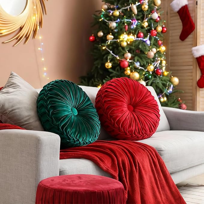 2 Pcs Round Throw Pillows 15 Inch Decorative Velvet Pleated Pumpkin Floor Boho Pillows for Living Room Couch Chair Bed Sofa (Red and Green)