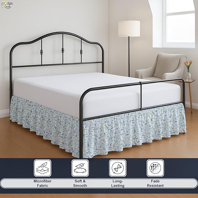 Cottington Lane Ruffled Bed Skirt Full Size with Split Corner, Brushed Microfiber Hotel Quality Dust Ruffle, 24 Inch Drop Gathered Bedskirt, Soft, Stylish, Shrink & Fade Resistant, Garden Bloom