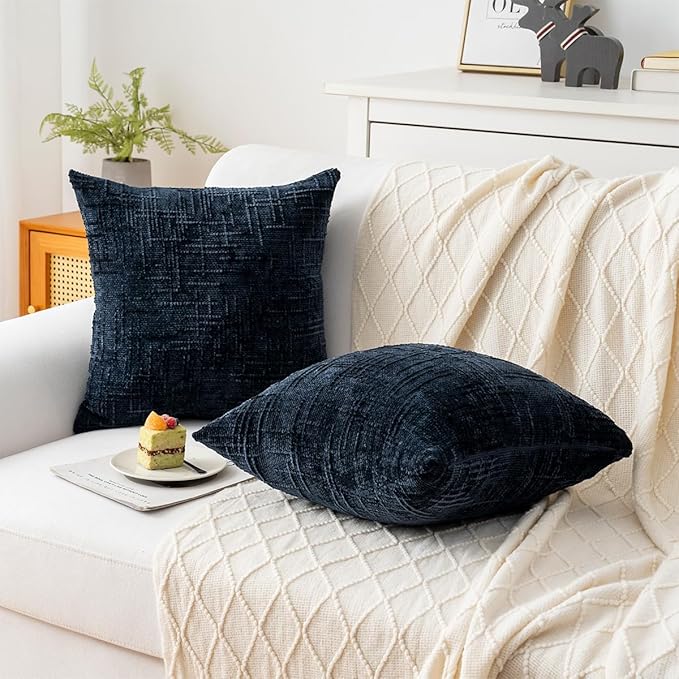 Decorative Throw Pillow Covers 22x22 Inch Set of 2, Soft Solid Farmhouse Chenille Couch Pillows, Spring Pillow Covers for Couch Sofa Bed Living Room Home Decor Pillowcase, Dark Blue