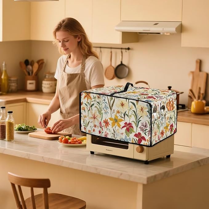 Toaster Oven Cover with Pockets, Washable Smart Oven Dust Cover Protective Kitchen Appliances Decor and Accessories, M, 16.5" x 20.5" x 10", Floral Pattern